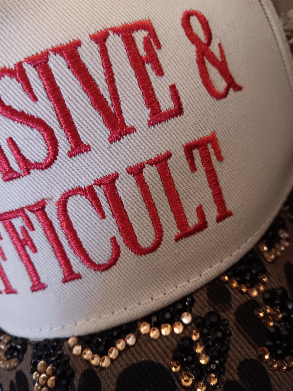 'Expensive & Difficult' White and Brown Sequin Leopard Customized Hat - Picture 6 of 8